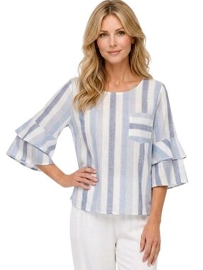 Urban Romantics Blue Striped Linen/Cotton Tiered Sleeve Keyhole Cropped Blouse M